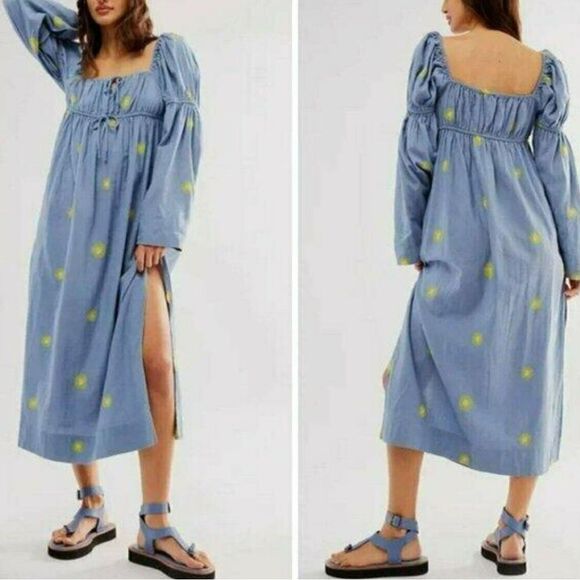 Nwt free people Emory Embroidered Midi Dress Blue Yellow Combo - Picture 1 of 6